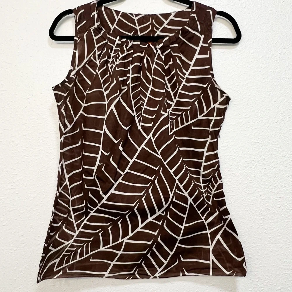 Tory Burch Brown Leaf Printed Sleeveless Blouse-sz 4
